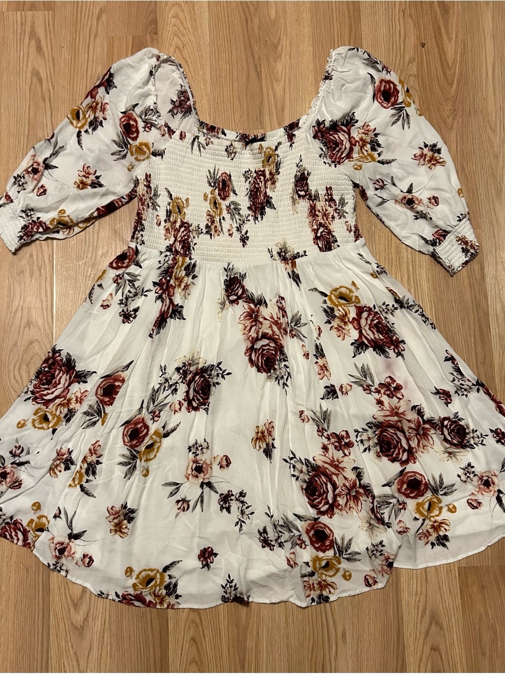 torrid White Floral Dress with Burgundy and Mustard Blooms